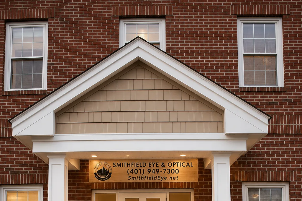 Brick exterior and covered entrance of Smithfield Eye & Optical.